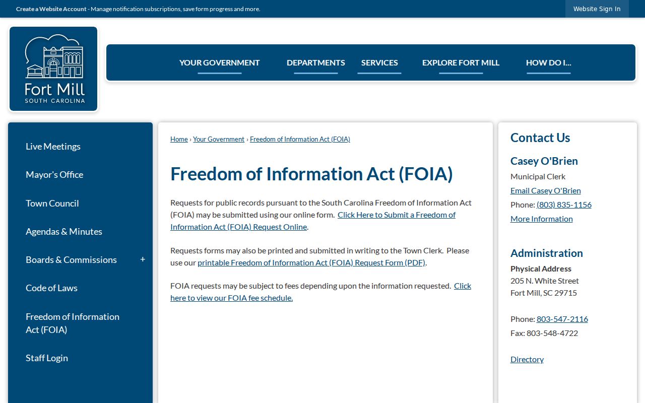 Fort Mill residents directory Town FOIA request route