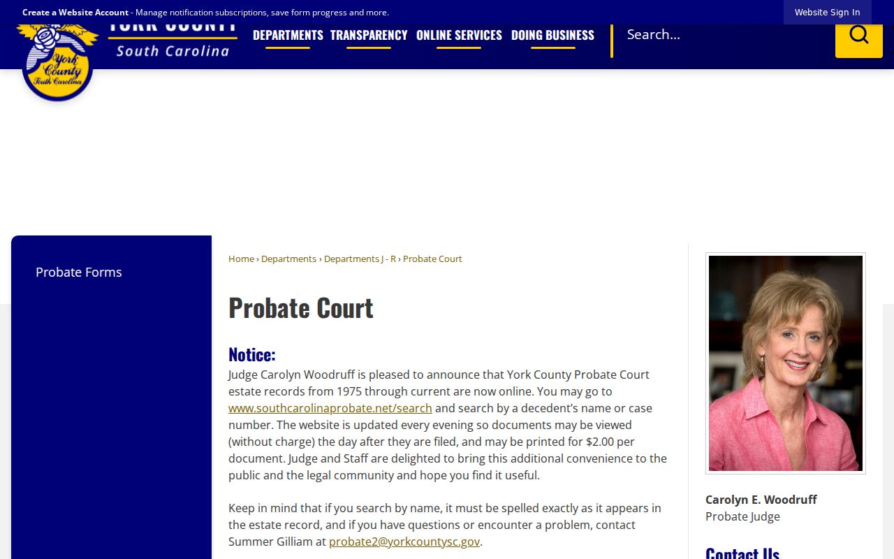York County Probate Court estate and marriage access information for Fort Mill address history